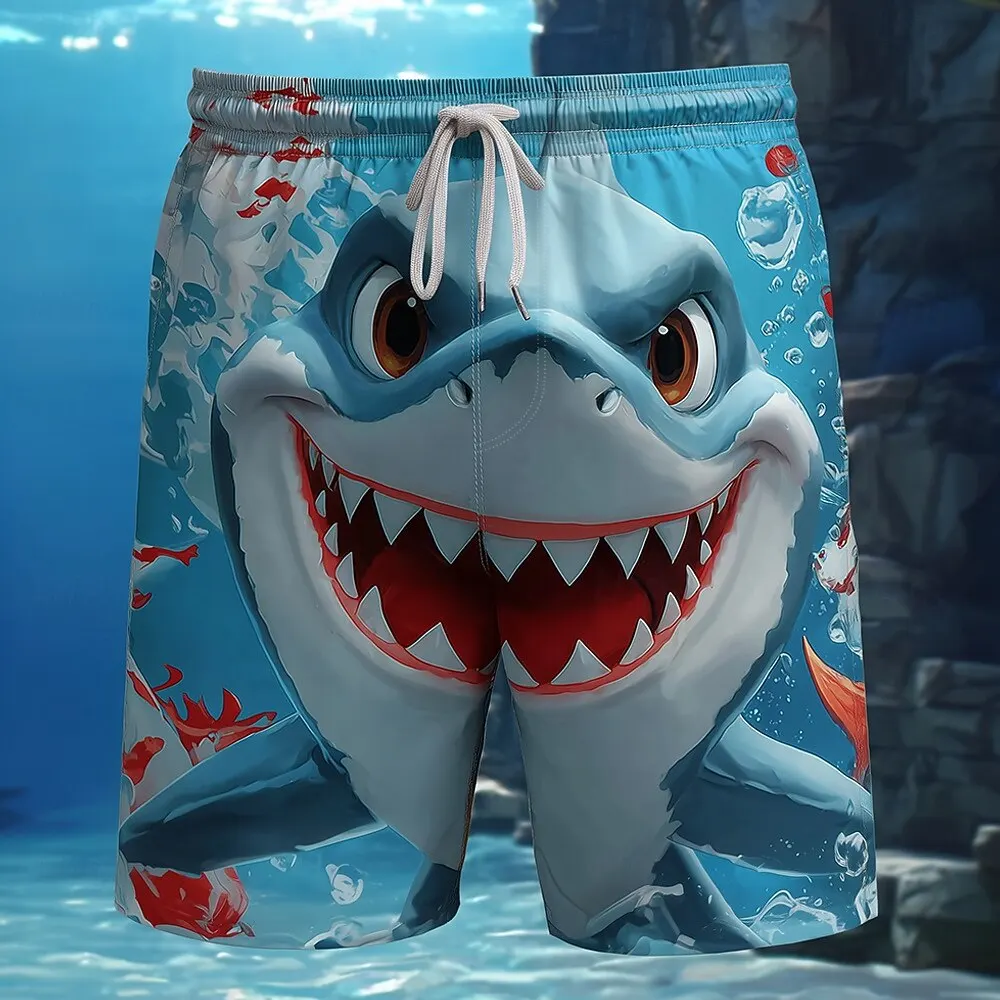 Men's Funny Shark Cartoon Shorts Mid Waist Hawaiian Vibe Drawstring Waist Side Pockets Holiday Apparel for Spring & Summer