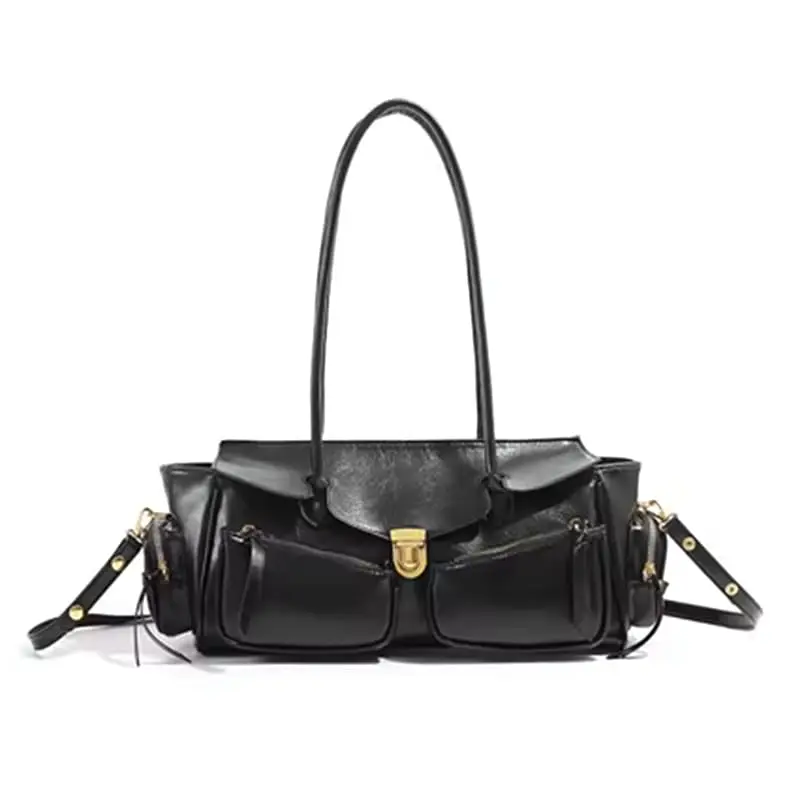 Y2K Style Large Bowling Bag, Chic Boston Handbag, Solid Color Biker Crossbody Bag, Shoulder Bag, Women's Vintage Underarm Bag