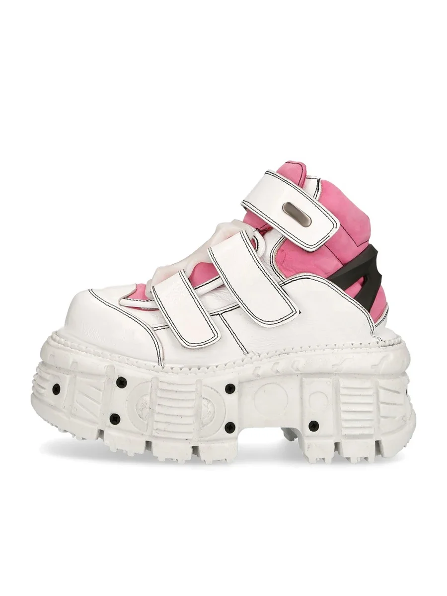 2026 New Retro Dad Shoes Metal Punk Leather Shoes White Pink Mixed Tank Sole Fashion High-Top Wedges Thick-Soled Boots