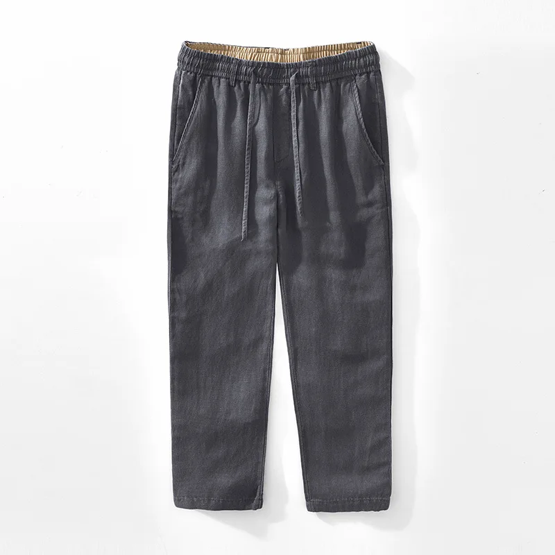 L8246 Chinese Style Solid Color Linen Pants for Men Spring Summer Fashion Loose Casual Elastic Waist Breathable Trouser