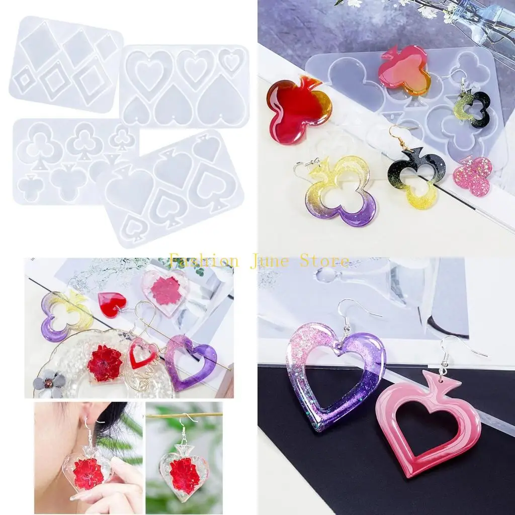 N5KA Silicone Pendant Mold Epoxy Resin Mould Heart/Clubs/Diamonds/Spade Shaped DIY
