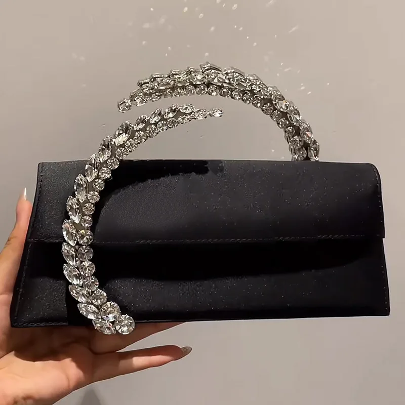 Luxury Satin Metal Handheld Women Handbags Crystal Shiny Rhinestones Diamond Evening Bag Wedding Party Clutch Purse Shoulder Bag