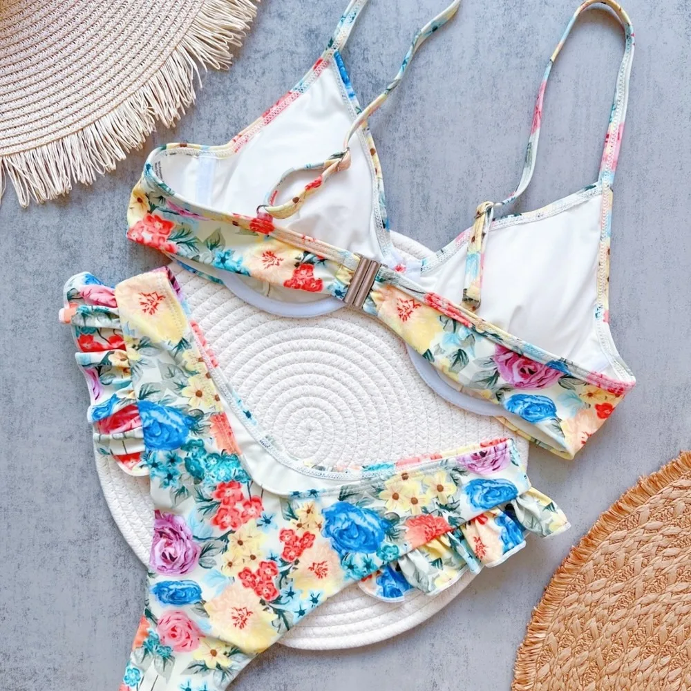 Printed Ruffle Bikini Set High Waisted Tie Side Two Piece Swimsuit Flattering Fit Bikini Set Women's Swimsuit Beach Swim Wear Ba