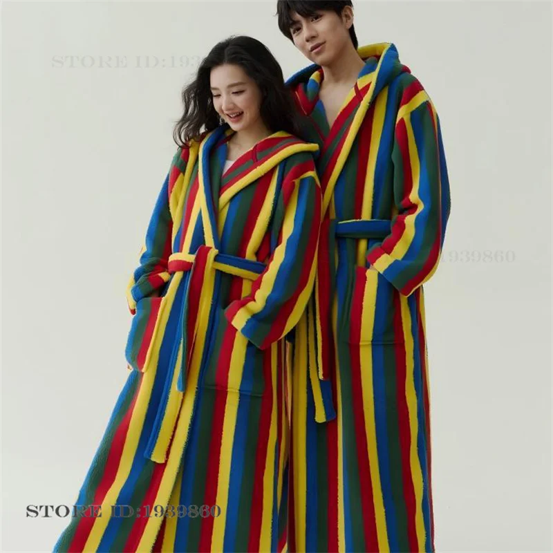 Thicken Flannel Hooded Flannel Long Robe Kimono Gown Autumn Winter New Couple Sleepwear Home Clothes Coral Fleece Loungewear
