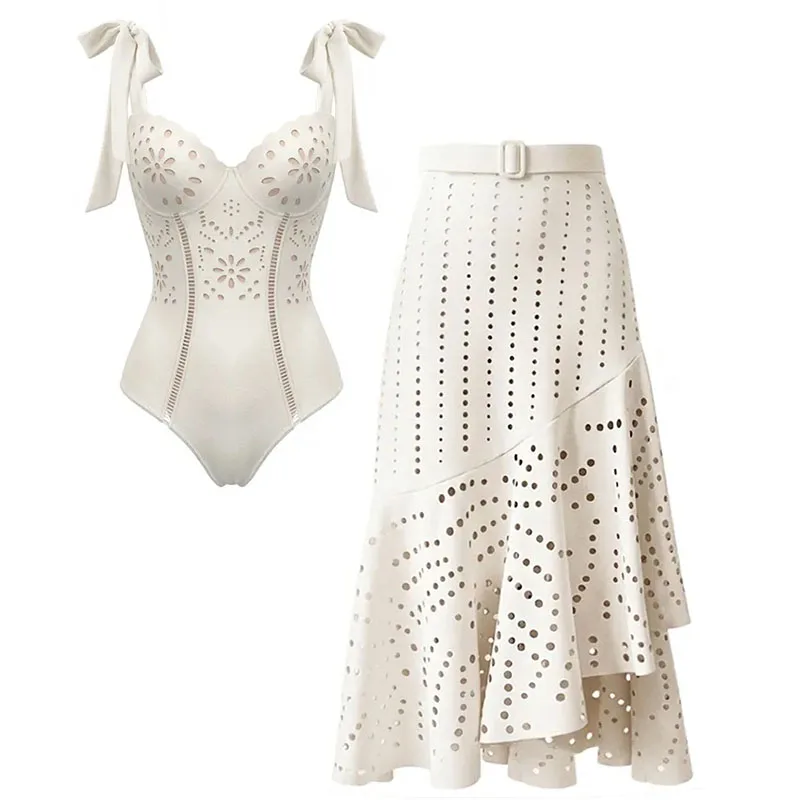 Women 2Pcs Backless Hollow out Double Strap Flower Swimsuit Set Tie Strap V Neck One Piece Monokini Asymmetric Ruffle Midi Skirt