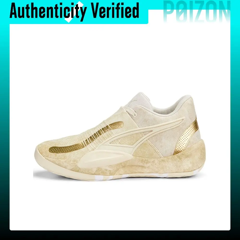 PUMA Rise Nitro Nephrite Slip Resistant Abrasion Resistant Mid top Basketball Shoes Unisex Iron Gold 378279-01