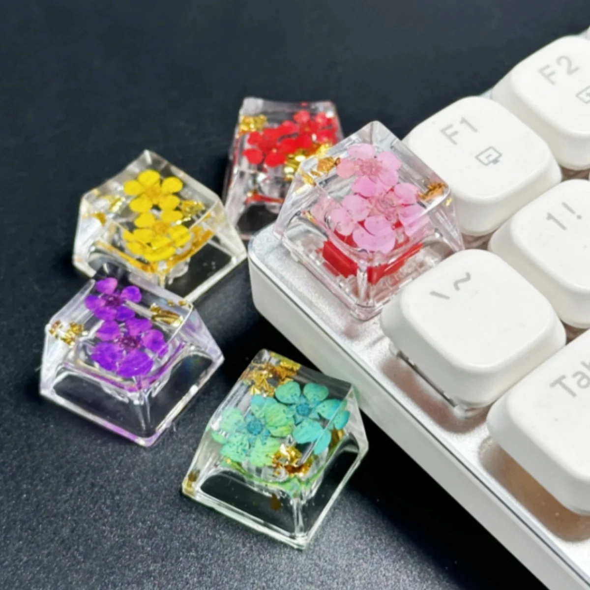 1PC Original Drip Glue Manual Transparent Dry Spline Key Cap Flower Design Universal Mechanical Keyboard Accessories
