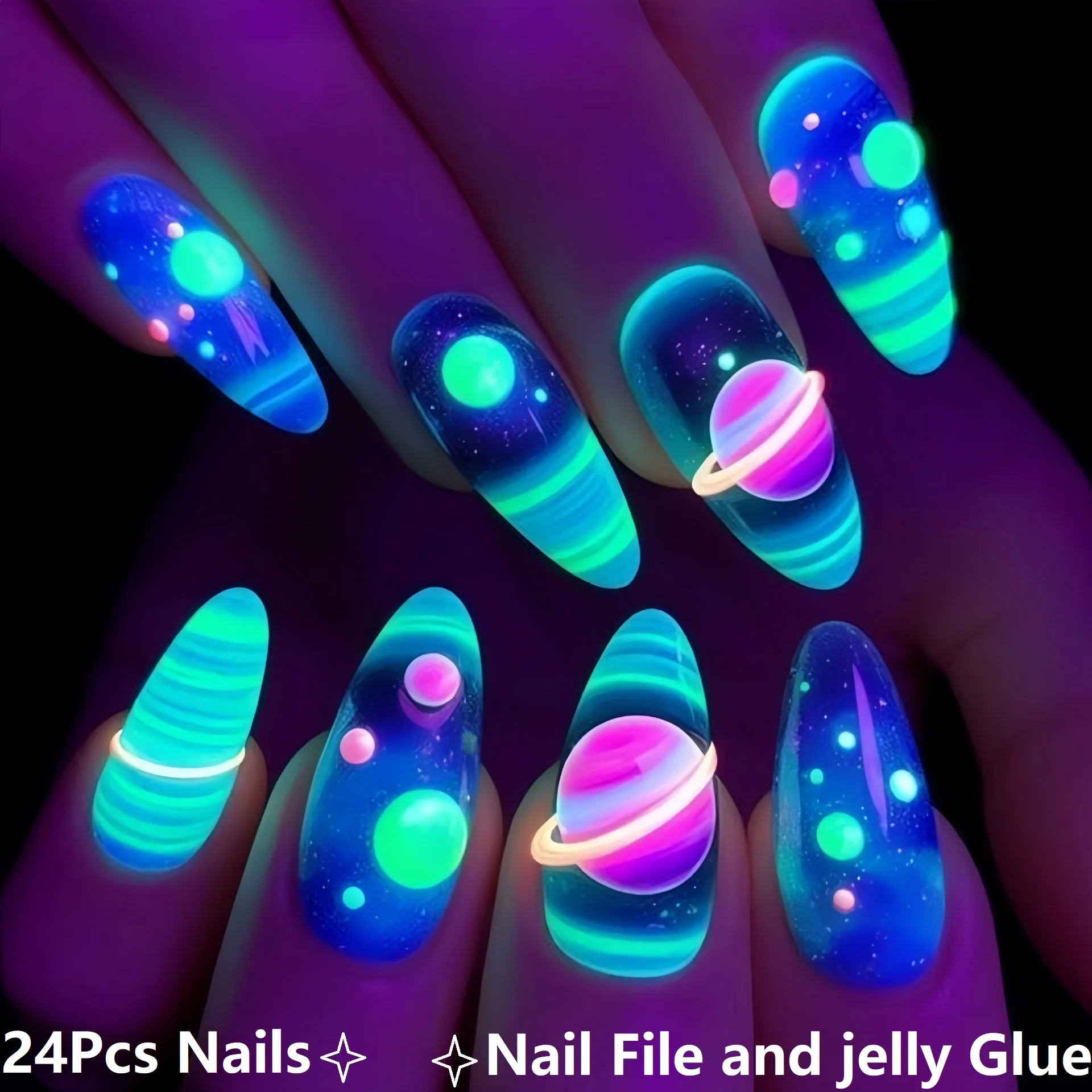 24pcs Romantic Sky Press on Nail Pink Purple Gradient Starry Sky False Nails Wearable European Square Head Fake Nails for Women
