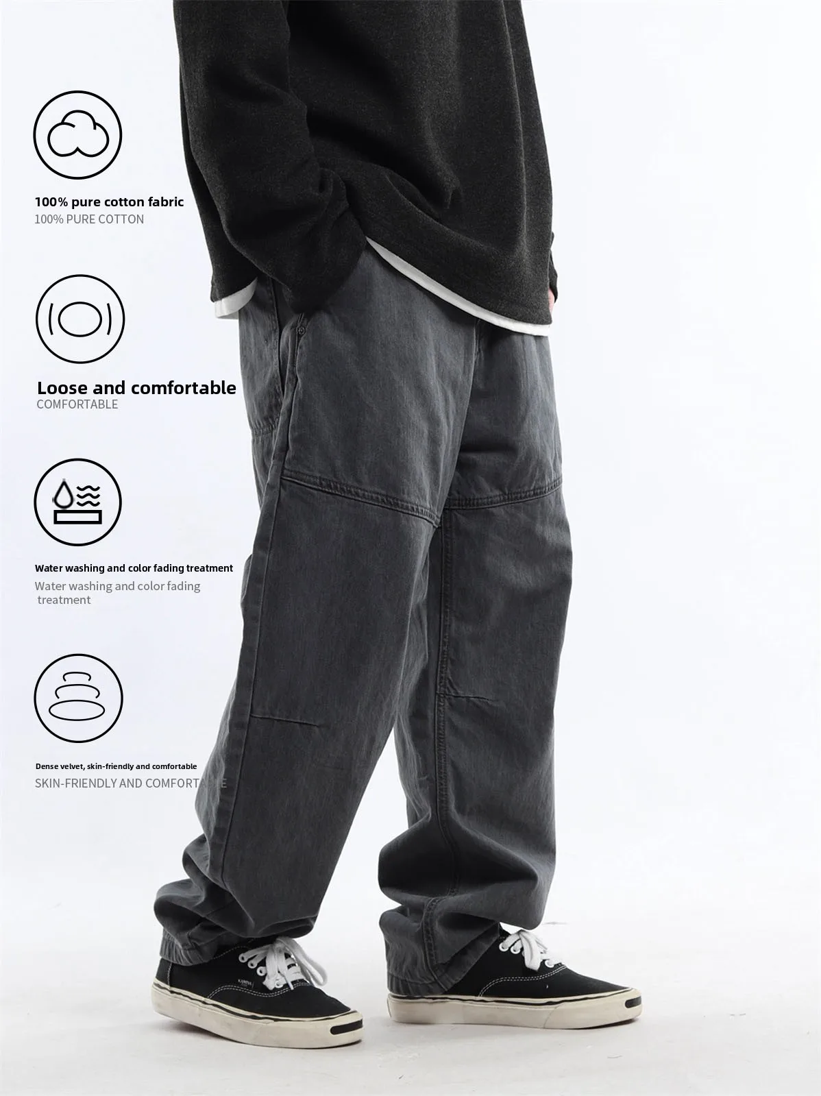 Retro Japanese Style Men's Loose Fit Straight Leg Cotton Work Trousers Grey Washed Casual Long Pants Comfortable Loose Size