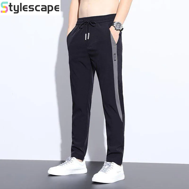 Summer New Thin Ice Silk Work Pants for Men, Plus Size Straight Leg Pants with Patchwork Korean Slim Fit Pants Men Clothing