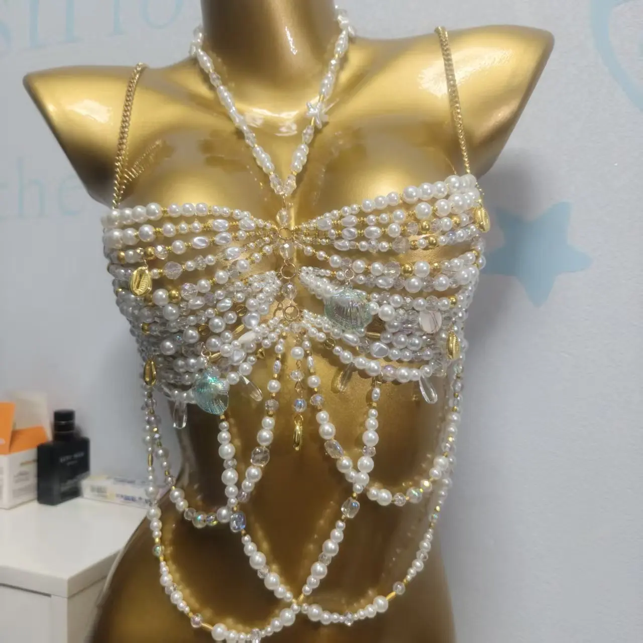 New Handmade Beaded Tassel Chest Chain Sling, Neck Hanging Beaded Top Vest, Women'S Beach Party Sexy Body Chain