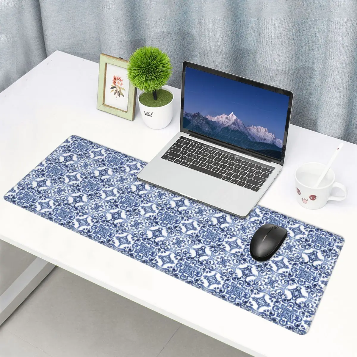 Large Mouse Pad Blue Ornate Floral Mediterranean Sicilian Tile Gamer PC Laptop Mats Keyboard Carpet Computer Gaming Desk Mat