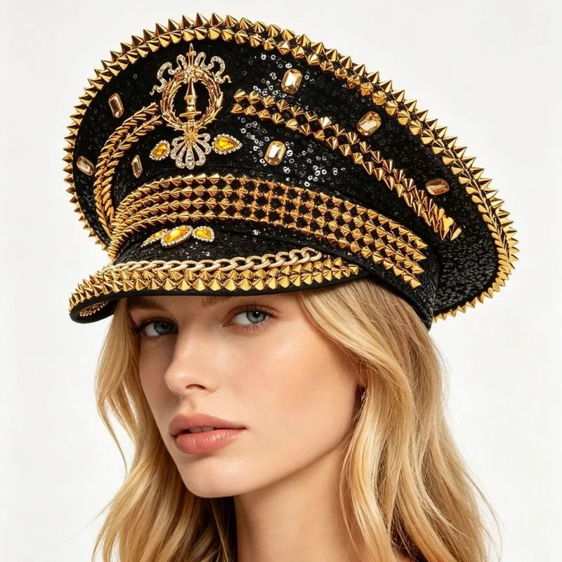 European and American , diamond-studded hat, punk-style sailor cap, Y2K metal rivet, teardrop-shaped gemstone, rhine
