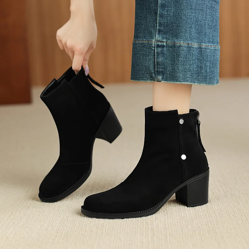 NEW Autumn/Winter Women Boots Cow Suede Leather Shoes for Women Square Toe Chunky Heel Shoes Solid Zip Modern Boots Daily Shoes