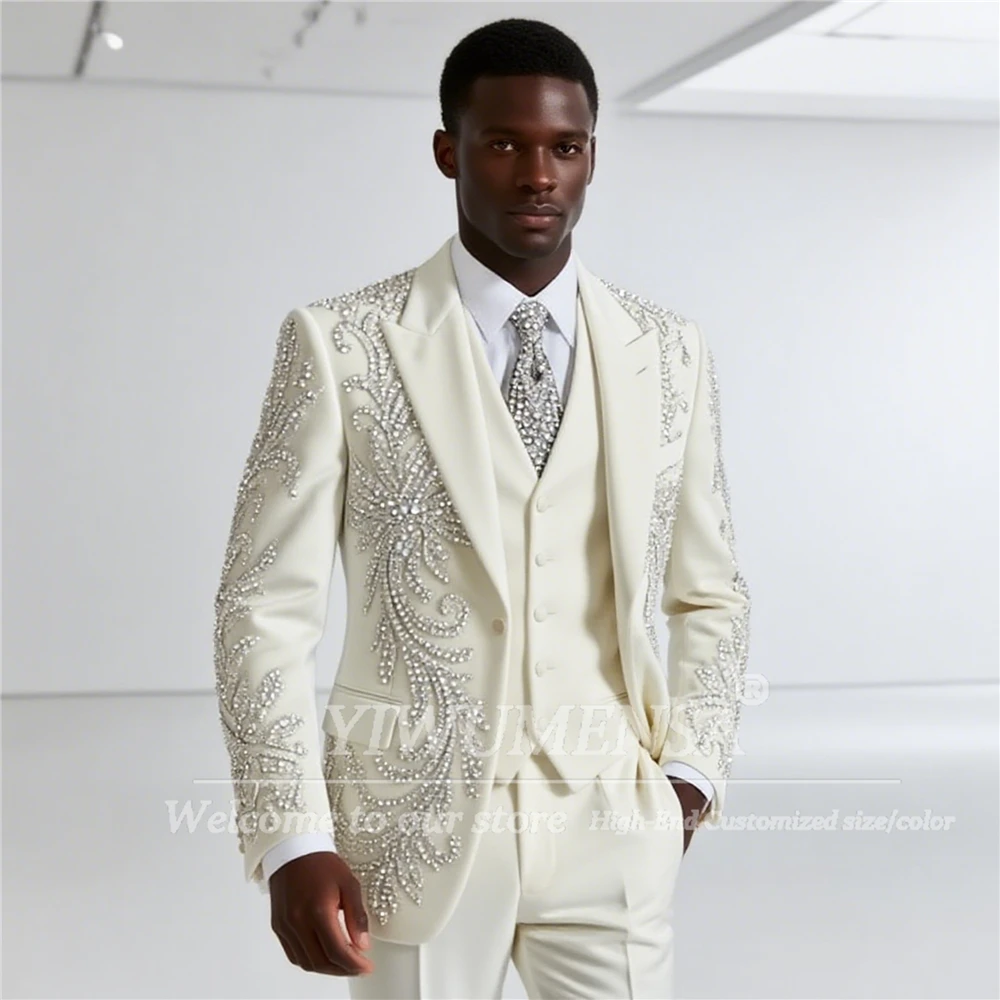 Sparkly Stones Crystals Suit Men Slim Fit Single Breasted Groom Blazers Outfits 3 Piece Wedding Tuxedos Customized Costume Homme