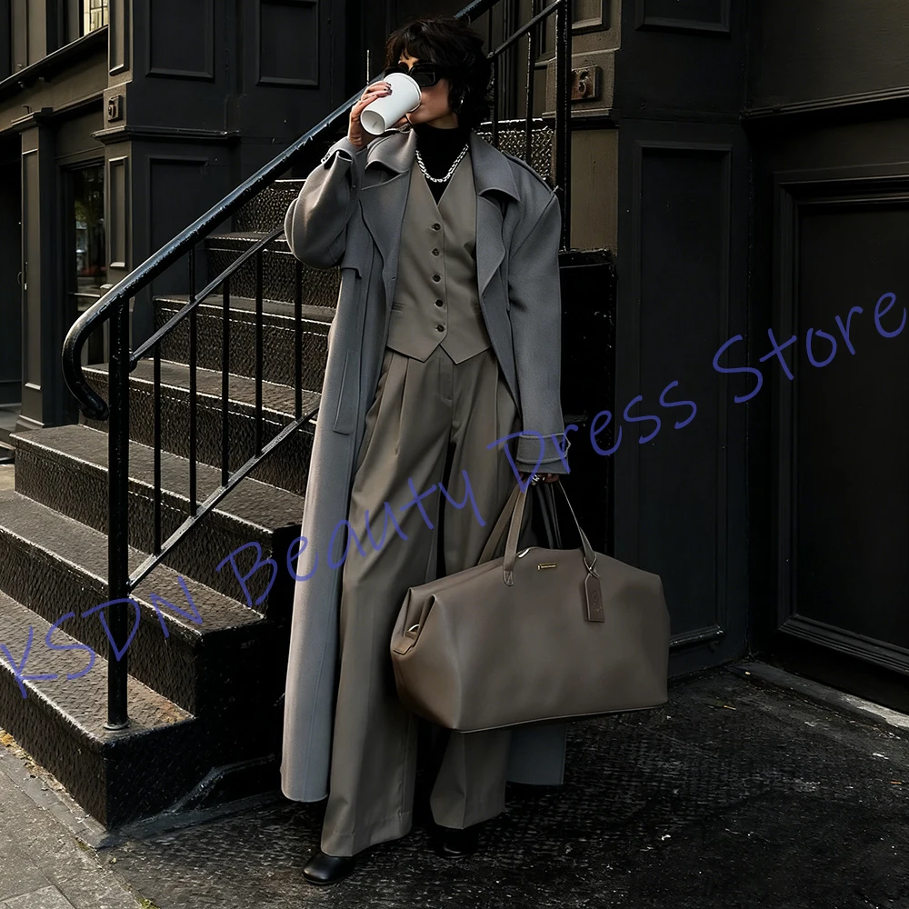 Minimalist Suit Set Women's Long Jacket 3-Piece Office & Daily Wear Grey Tweed Blezer+Pants+Vest Elegant Winter Streetwear