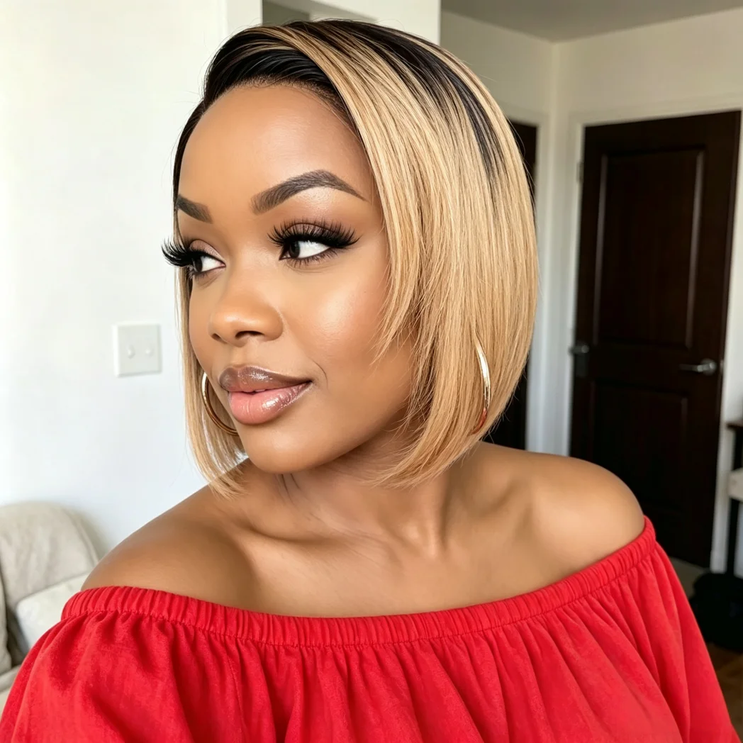 Side Part Ombre Honey Blonde Short Bob Wig, 13x4x1Transparent Lace Frontal, Premium Human Hair, Pre Plucked Natural Hairline,