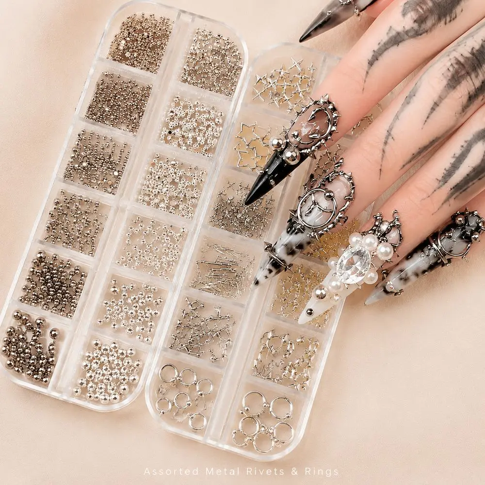 2Box/Set Gothic Punk Mixed Nail Decor Metal Rivets Studs Beads Star Cross Ring Charms For Custom Acrylic Nails Manicure DIY