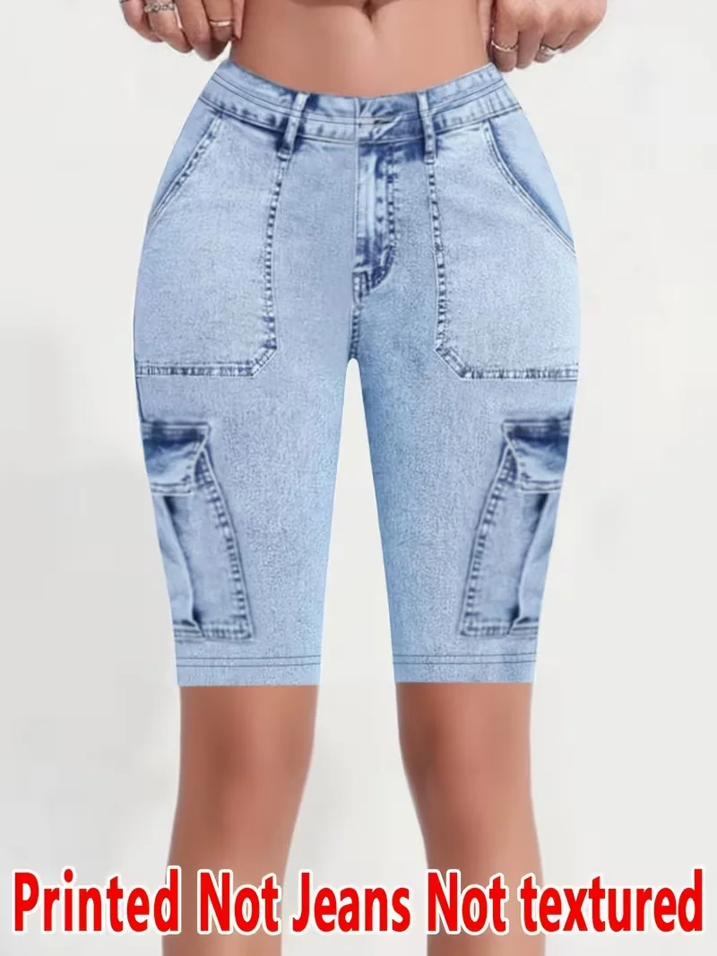 Printed Leggings, NonDenim Fabric, FauxPocket & ButtonPrint Capri Pants, HighStretch NewArrival Fashion Skinny Pants
