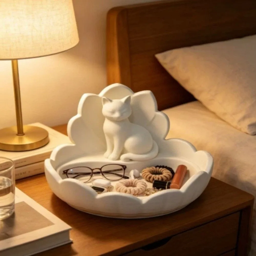 Resin Material Jewelry Storage Tray Cute Lotus Shape Cat Figurine Holder Lightweight Vintage Desktop Organizer Gift for Women