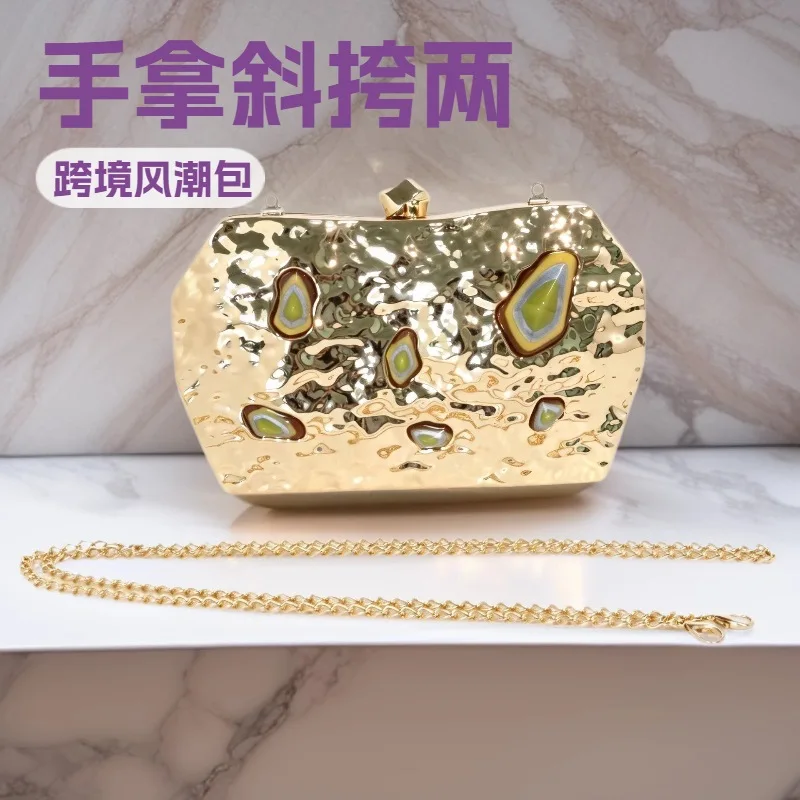 Hammer metal dinner bag acrylic agate stone inlaid clutch bag women's chain shoulder