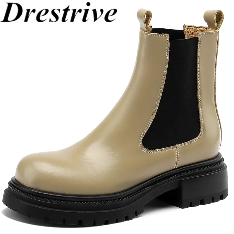 Drestrive 2024 Classic Women's Ankle Boots Mid Heels Full Genuine Leather Cow Round Toe Winter Shoes Handmade Top Quality