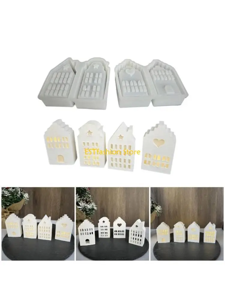 Y5GC Silicone 4 House Tealight Holder Mold Decoration Lighting Mould