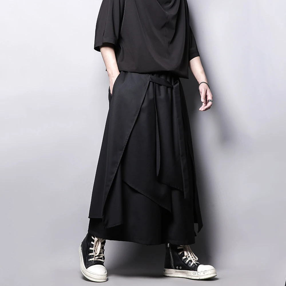 Y2k Asymmetrical Fake Two-Piece Lace-Up Dark Skirt Pants Genderless Autumn Streetwear Fashion Casual Samurai Pants Unisex 2026
