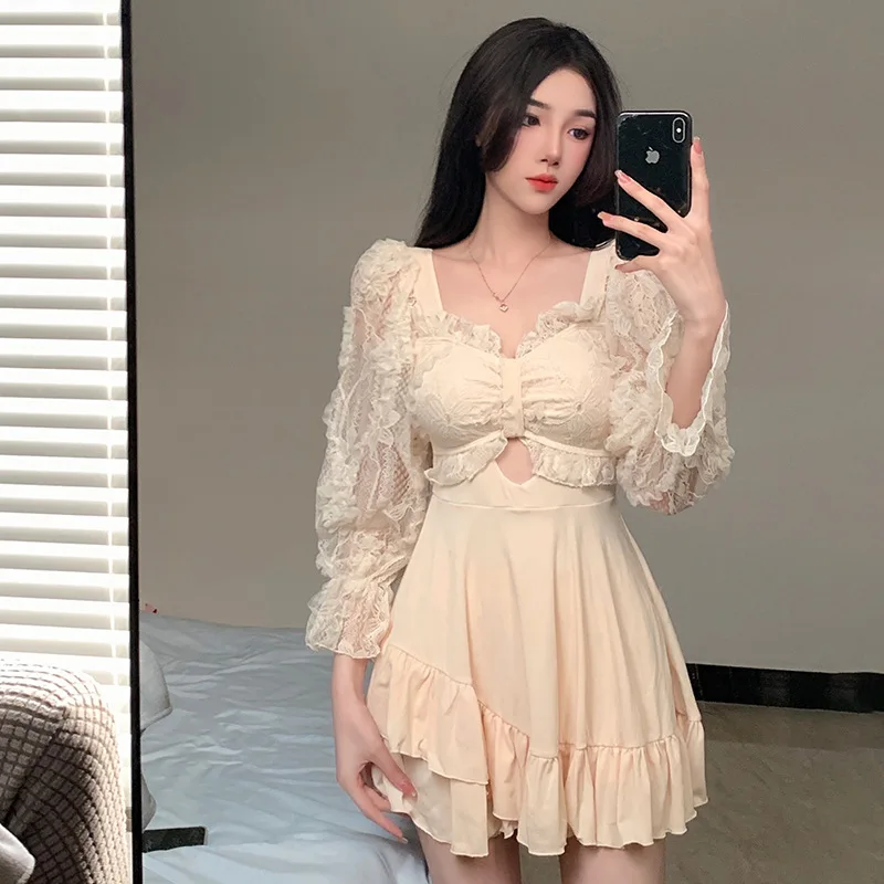 Women One Piece Swimsuit Dress Tummy Control Slimming Beachwear Small Bust Support Sexy Minimalist Bathing Suit For Hot Spring