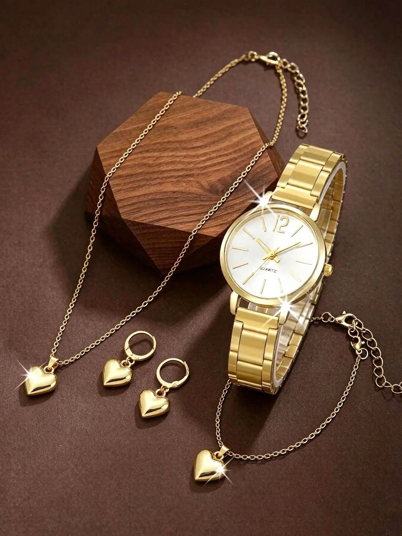 4Pcs Women Gold Watch Jewelry Set Round White Dial Quartz Wristwatch Heart Pendant Necklace Bracelet Earrings Female