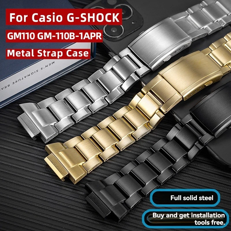 Modification Stainless Steel Metal Case & strap For Casio GM110 gm-110 solid stainless steel man watch band Accessory Mod Kit