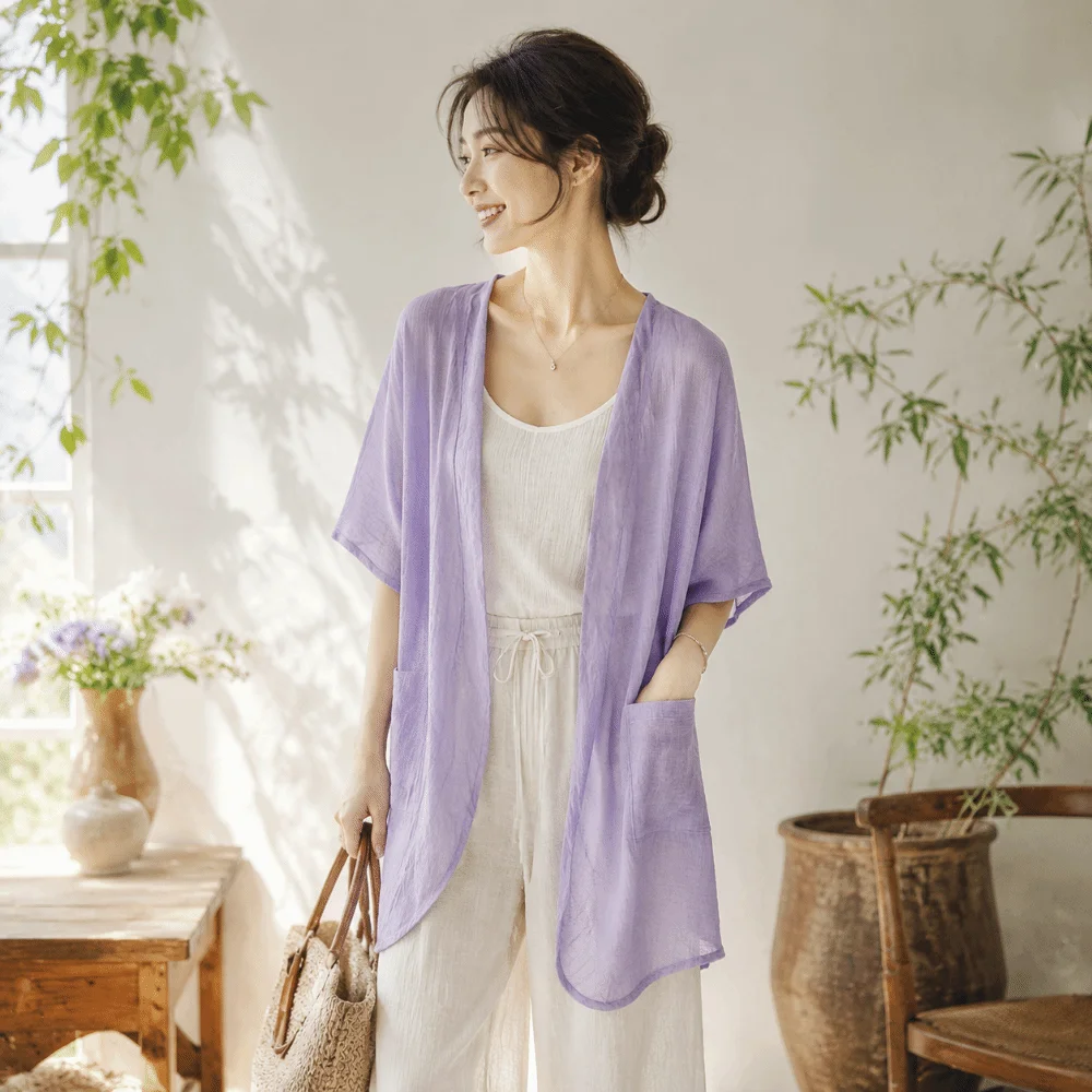 Basic Short Sleeved Linen Cardigan Loose Sunscreen Cover Summer Shirt Front Opening Simple Long Shawl Outerwear