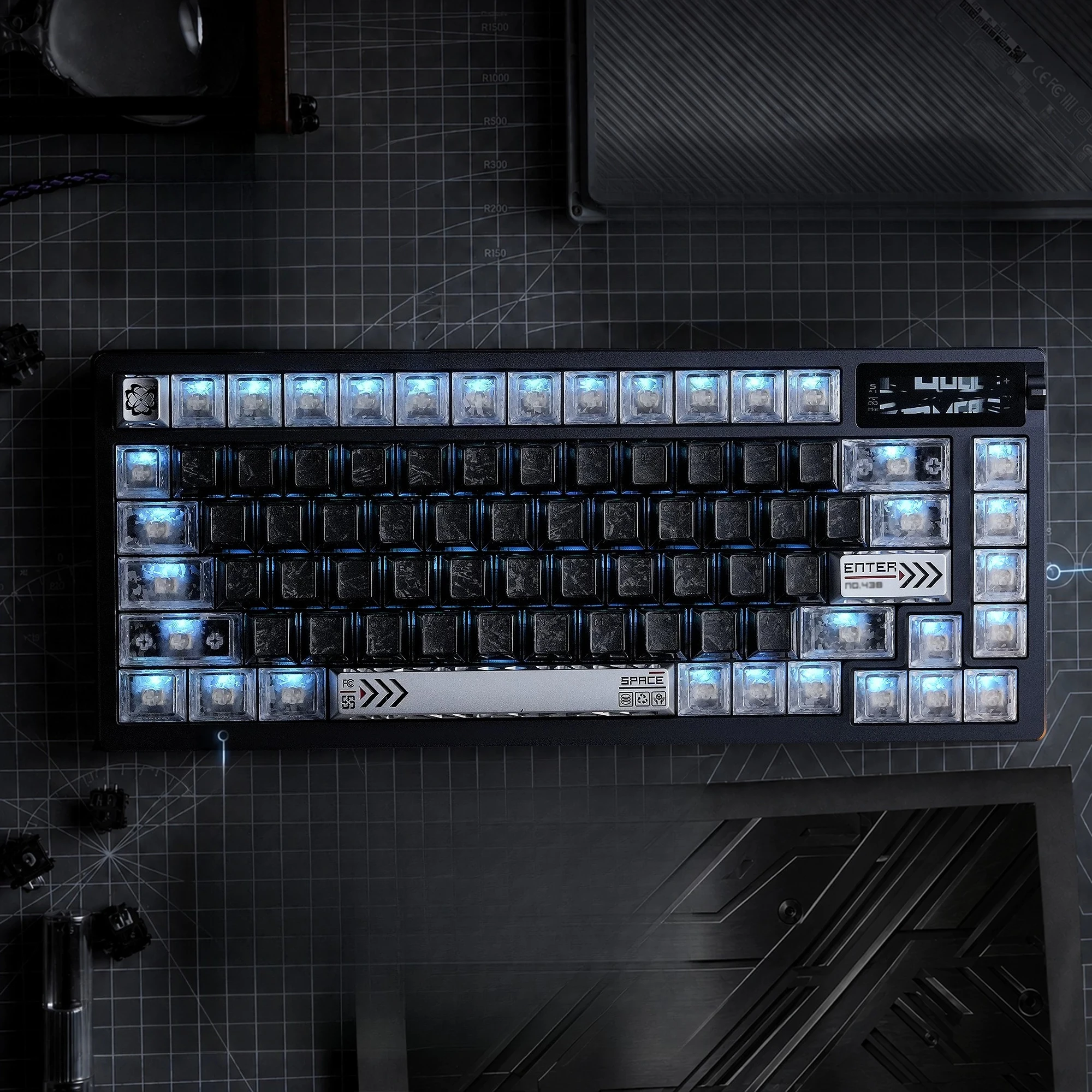 Womier Replica Carbon Fiber Style Theme Keycaps Set PBT Hollowedout Custom Original Handmade Keycaps for Mechanical Keyboard DIY