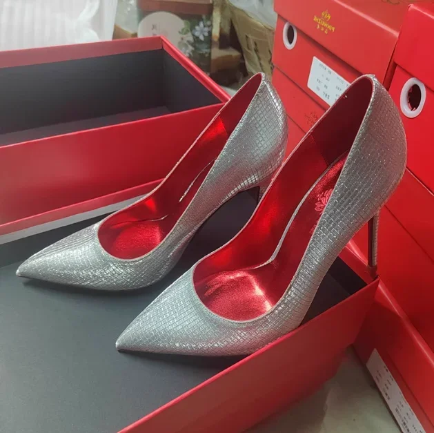 Fashionable ultra-fine high heels European and American pointed shallow mouth 12cm silver Greet fashionable women's single shoes