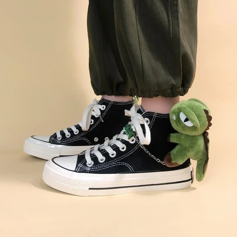 Women's Fashion Cool Dinosaur Shoes High Top Canvas Retro Hong Kong Style School Shoes Dragon Design Trendy Casual Sneakers
