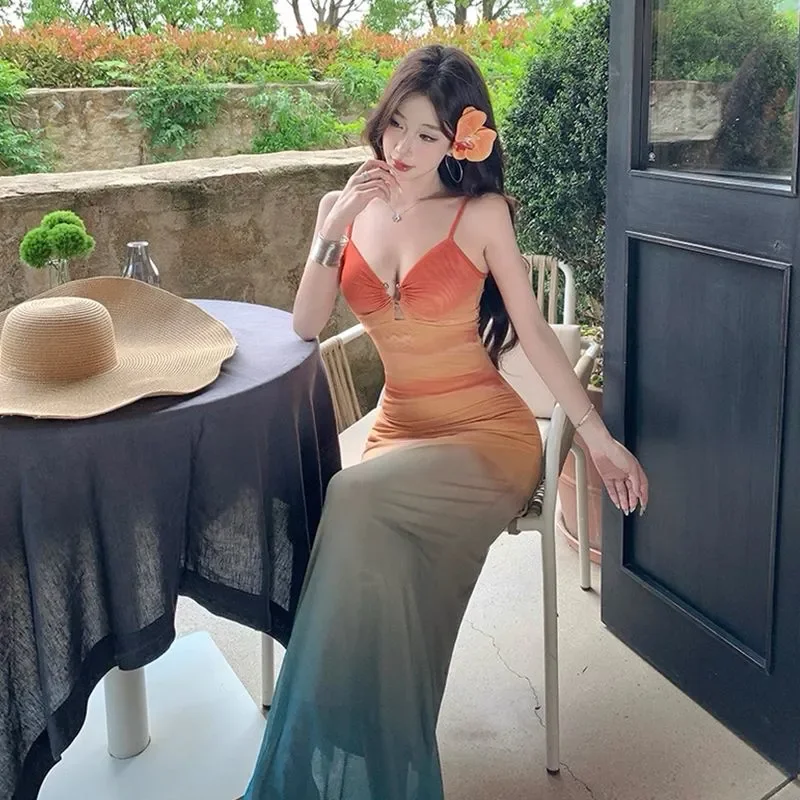 New Dress-style Bikini French Style Orange Tone Smudged V-neck Sexy Backless Mesh Suspender Holiday