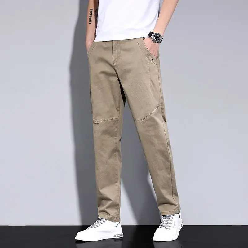 Men's Casual Trousers 97% Cotton 3% Spandex Solid Color Loose Straight Pants Classic Business Daily Wear Elastic Waist Male Bott
