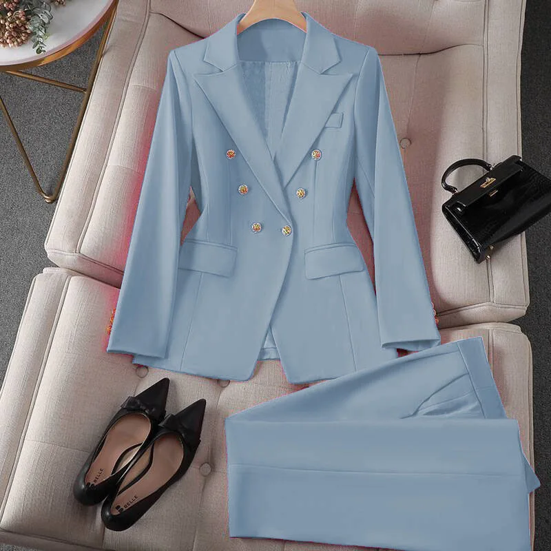 Korean Fashion 2 Piece Set Turn Down Collar Blazers Long Sleeve Slim Fit Pants Women Suits Office Lady Wear Pants Sets for Women