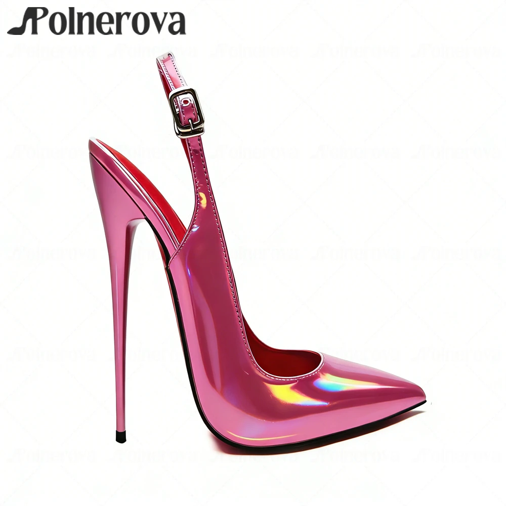 Laser Gloss Leather Pointed Toe Pumps Back Strap Buckle Stiletto Heels Customizable Multi-color Handmade Women's Shoes for Party