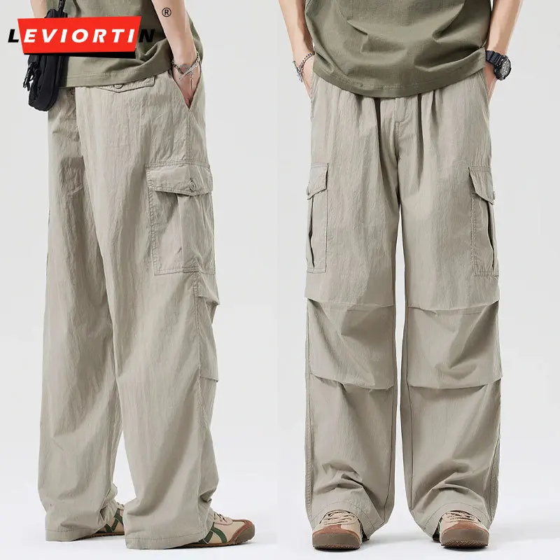 Men's Pleated Quick Drying Paratrooper Pants Spring/Summer American Styles Male Thin Straight Casual Outdoor Workwear Trousers