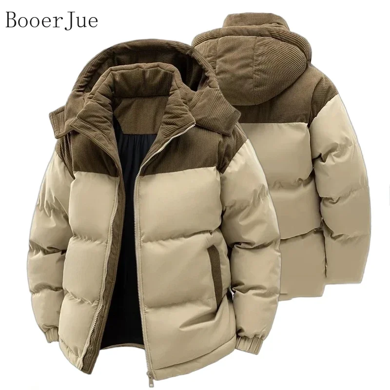 Color Block Detachable Hood Cotton Parka Thickened Fleece Lined Zipper Front Windproof Cold Proof  Winter Outerwear Men Camping