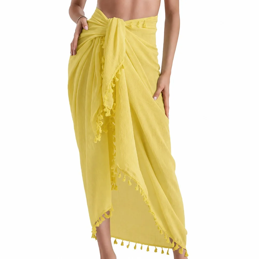 Solid Color Beach Wrap Skirt Sheer Design Tassel Trim Bikini Cover Up Knot Side Quick Drying Sun Protection Shawl