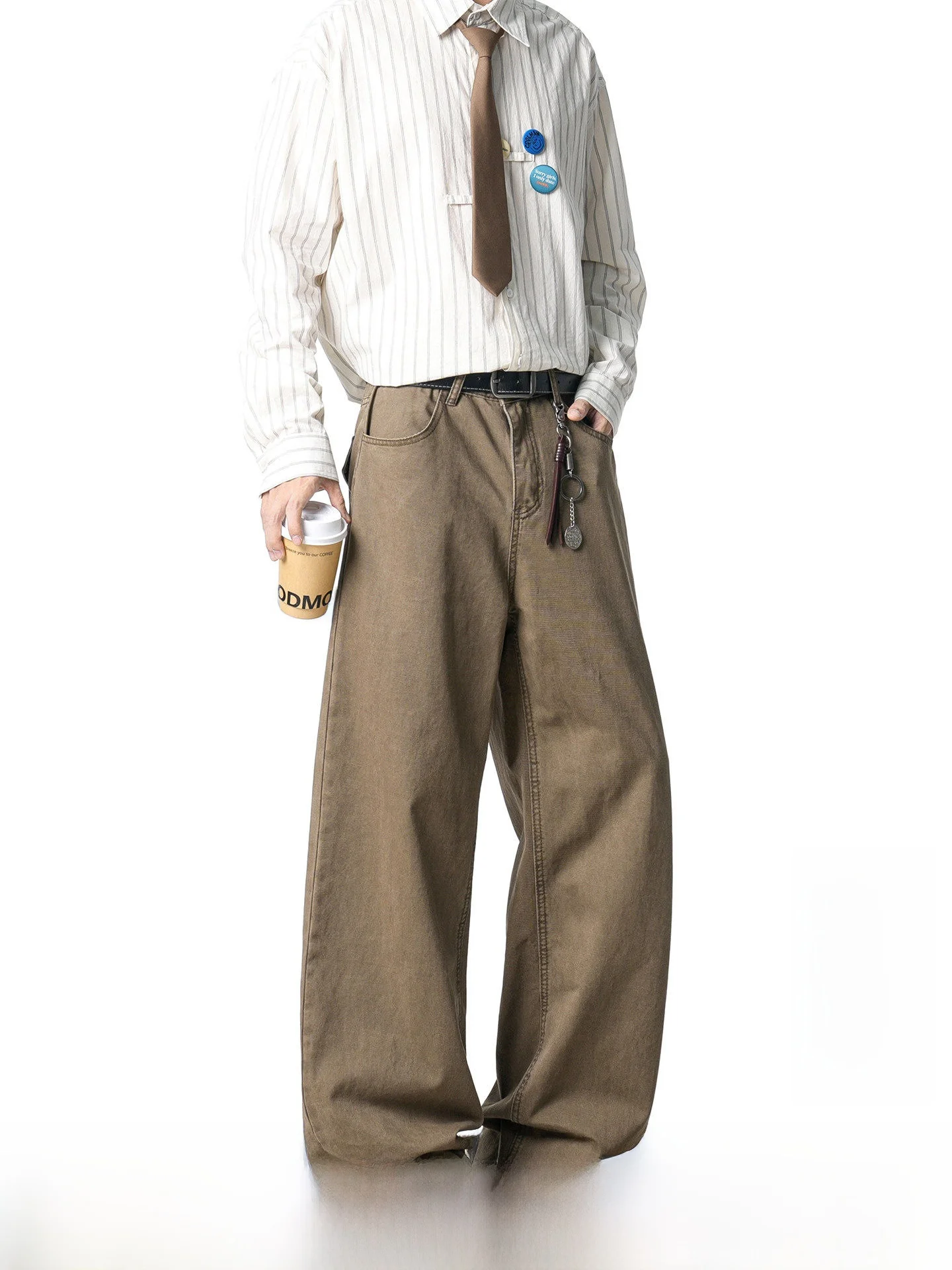American Retro Men's Casual Pants Loose Straight Leg Coffee Color Commute Style Cotton Spring Autumn Fashion Trend