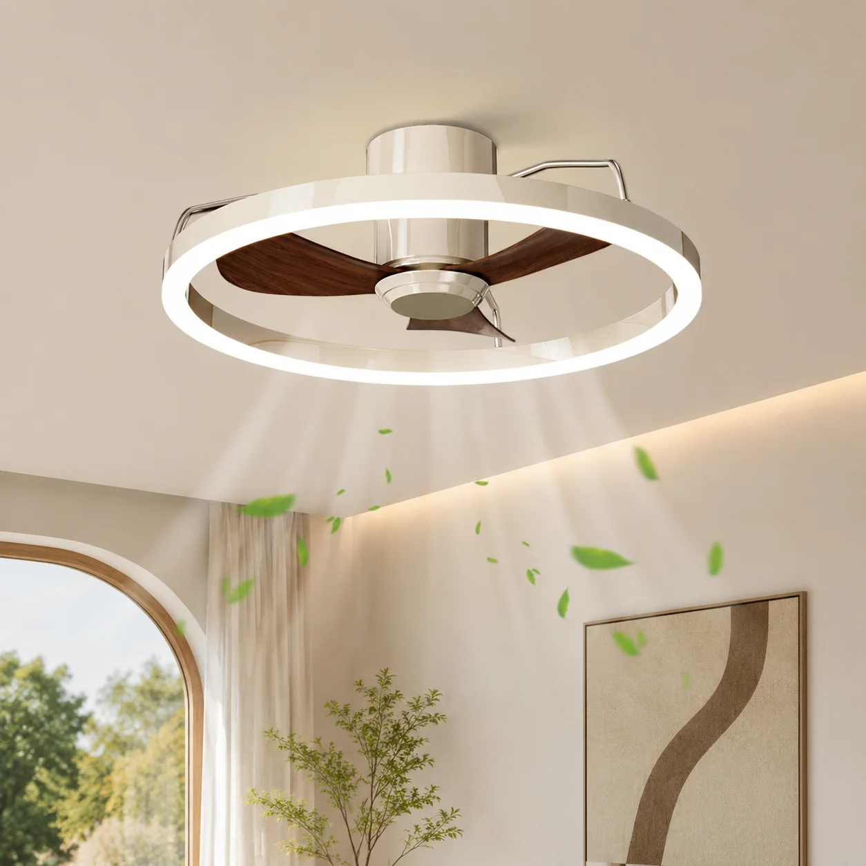Bauhaus Style White Color D60cm Flush Mount Ceiling Fan Light Aluminum 6-Speed Dimmable Stepless DC Motor for Bedroom Dining Roo