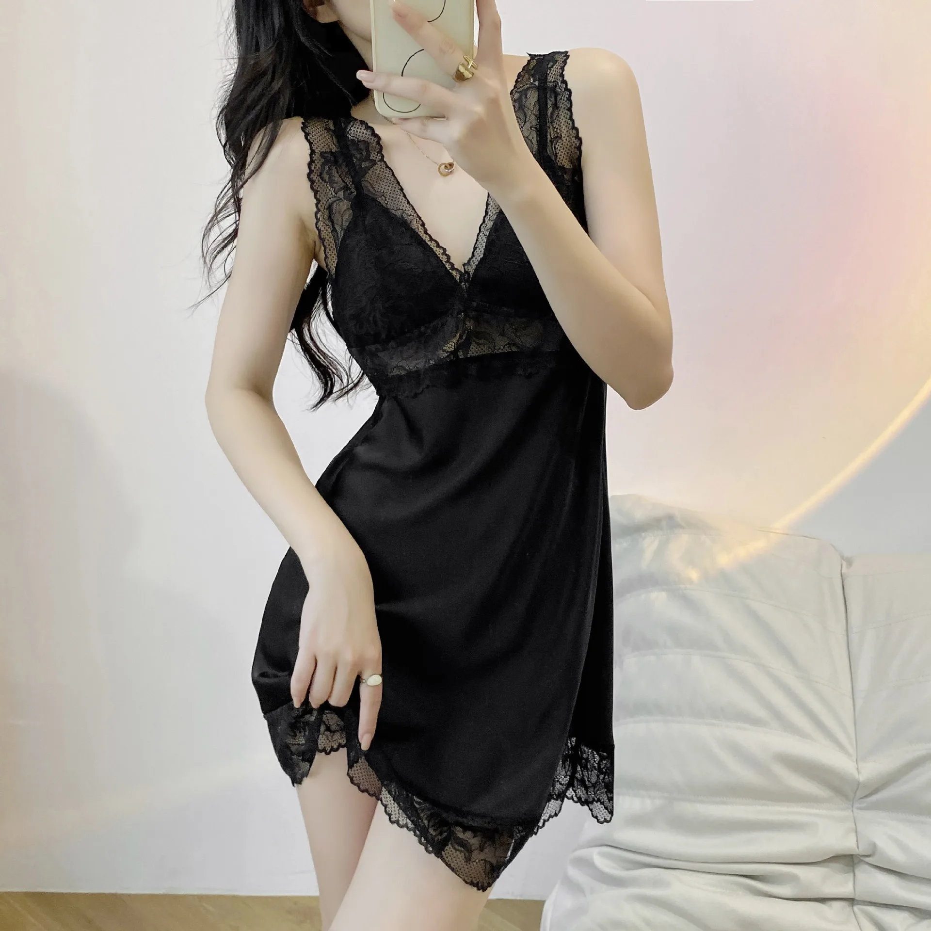 Sexy Women's Summer Ice Silk Suspender Pajamas New Lace Spring and Autumn Pajamas Vest Sex Underwear Loungewear