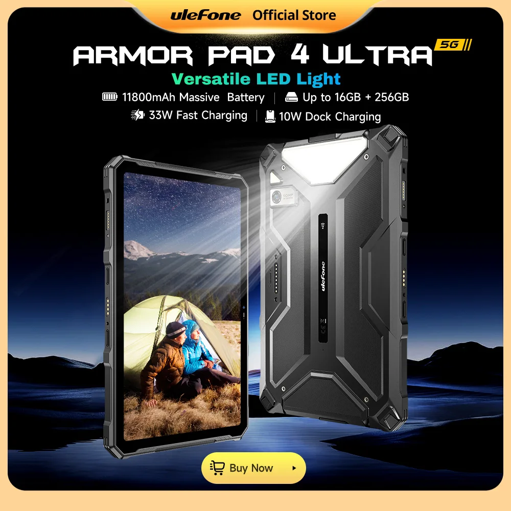 5G Rugged Tablet Ulefone Armor Pad 4 Ultra IP68/IP69K LED Light 11800mAh Battery, Fast Charging 16GB+256GB 50MP