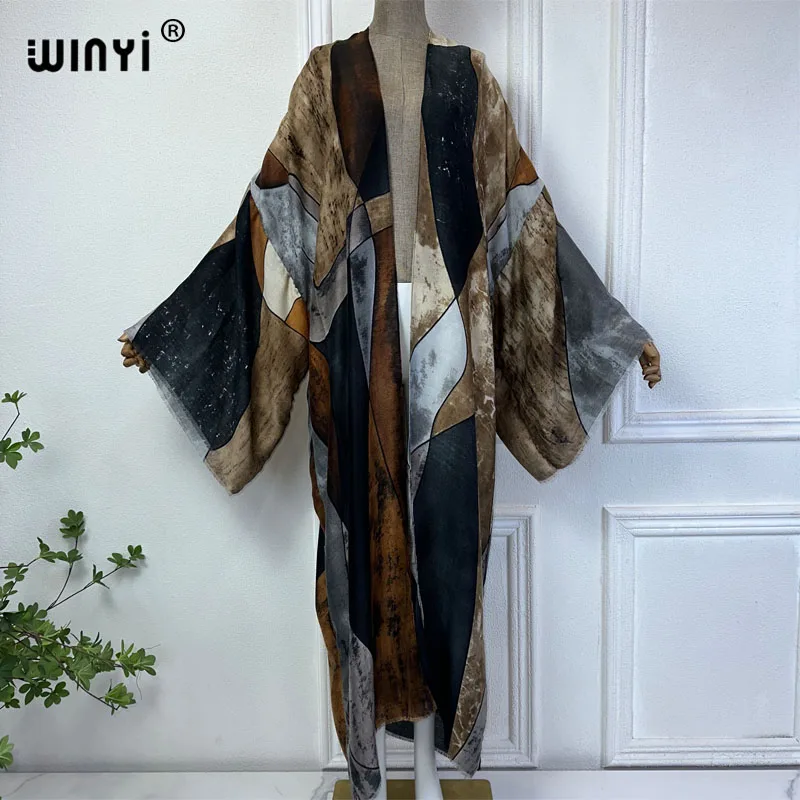 WINYI Summer Kimono Retro Print Beach Cover Up Swim Suit Elegant African Women Boho Cardigan Sexy Holiday Silk Feeling Dress