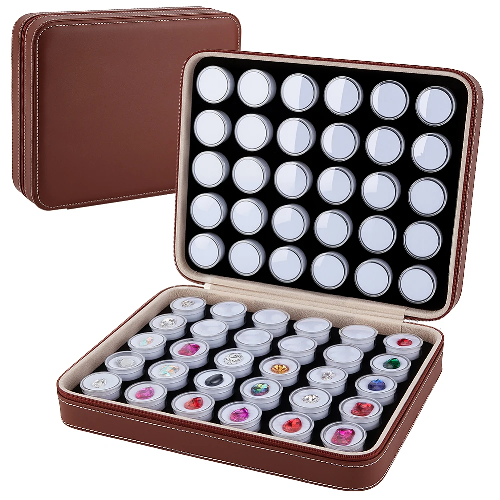 10x8x2.7inch Leather Jewelry Storage Box Set 60Pcs Plastic Round Boxes with White Foam Padding Multi-Compartment Organizer