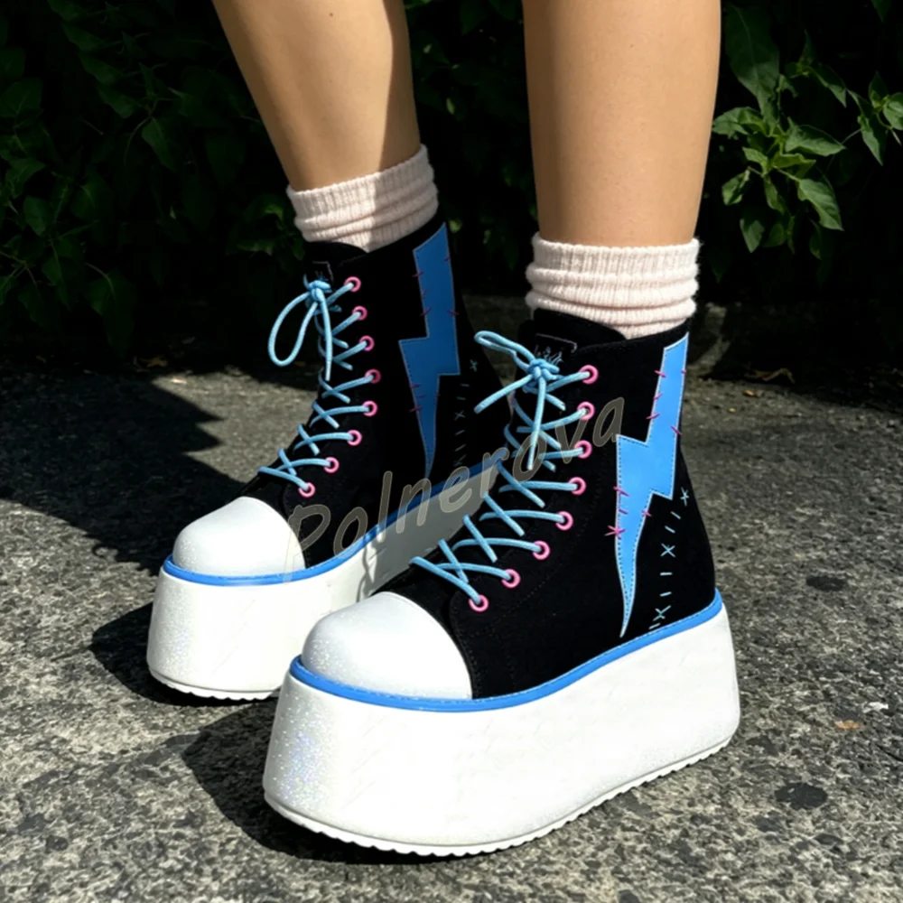 Lightning Patch Stitch Platform Boots Y2K Women Lace Up Back Zip High Ankle Boots Goth Punk Street Wedge Thick Soled Shoes