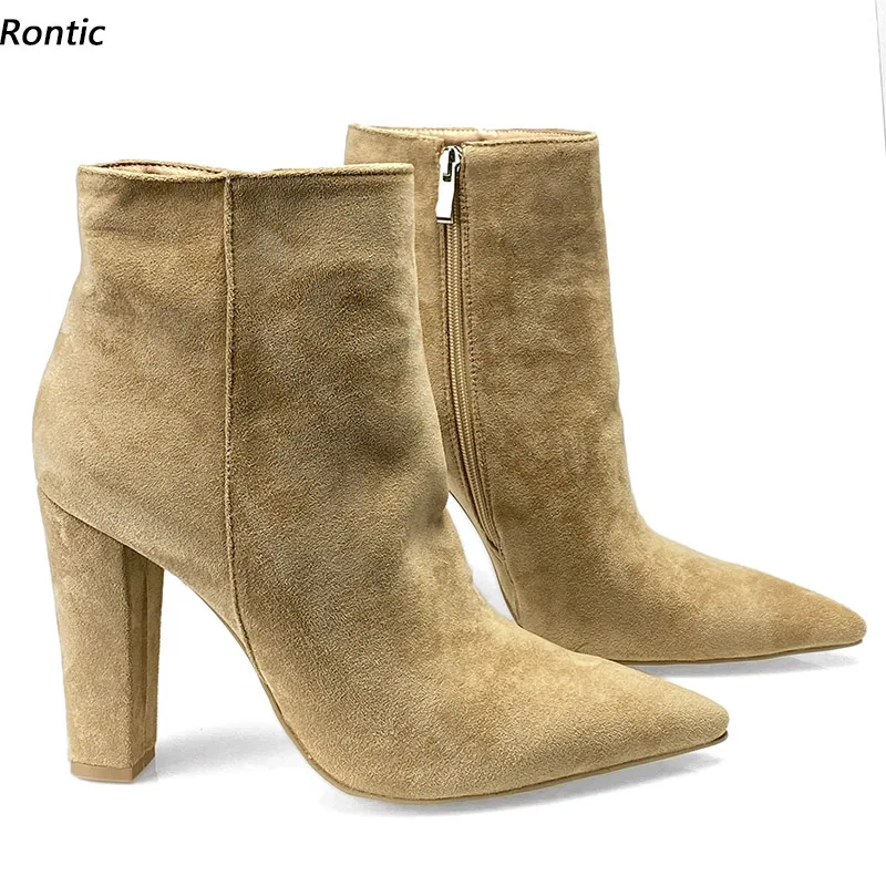 Rontic Handmade Women Winter Ankle Boots Suede Side Zipper Chunky Heeled Pointed Toe Gorgeous Apricot Casual Shoes US Size 5-15
